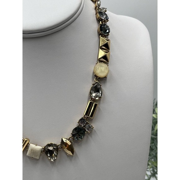 J. Crew Factory Natural Stone Rhinestone Parade Gold Tone Necklace - Picture 3 of 16